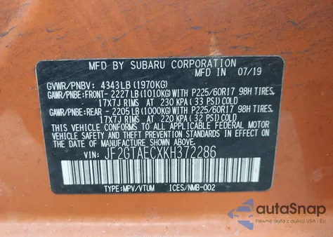 2019 Subaru Crosstrek 2.0I Premium из США, поврежденный, VIN JF2GTAECXKH372286